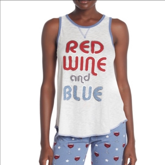PJ Salvage Red Wine & Blue Tank Lounge Keyhole Back White Silver Red Blue L NWT - Picture 2 of 7